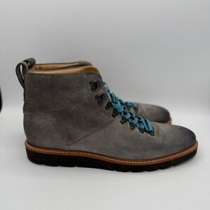 Ross & Snow Suede Leather Ankle Boots Gray Turquoise Laces Lug Sole Hiking Style